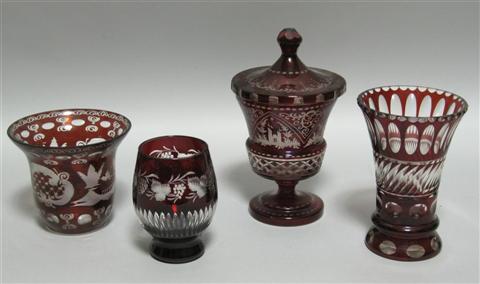 Appraisal: FOUR PIECES OF BOHEMIAN GLASS Comprising a covered flaring jar