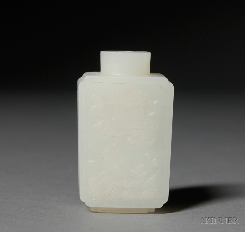 Appraisal: Jade Snuff Bottle rectangular form surface carved with the Immortals