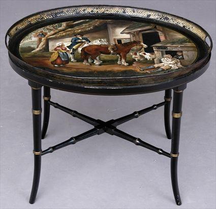 Appraisal: VICTORIAN PAINTED TOLE TRAY ON LATER STAND The oval galleried