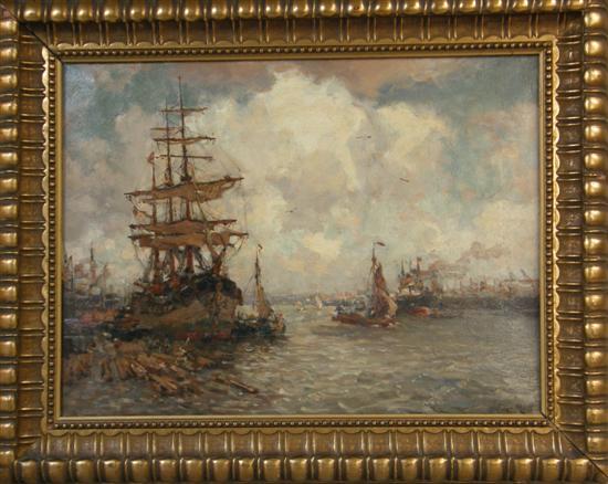 Appraisal: Evert Moll busy Continental harbour landscape oil on canvas signed