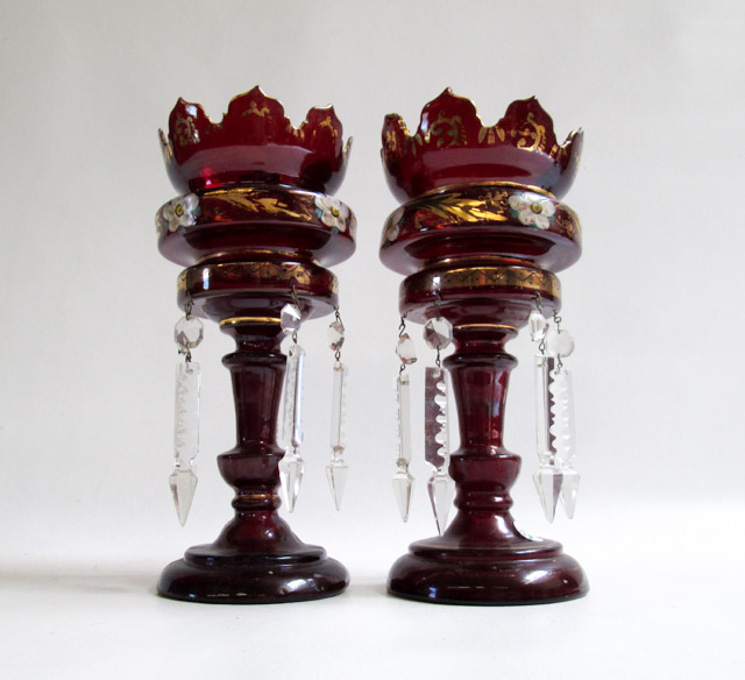 Appraisal: PAIR OF RUBY GLASS VICTORIAN LUSTERS having banded decoration with