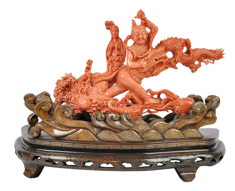 Appraisal: Chinese Carved Red Coral Sculpture on Wood Base Chinese carved