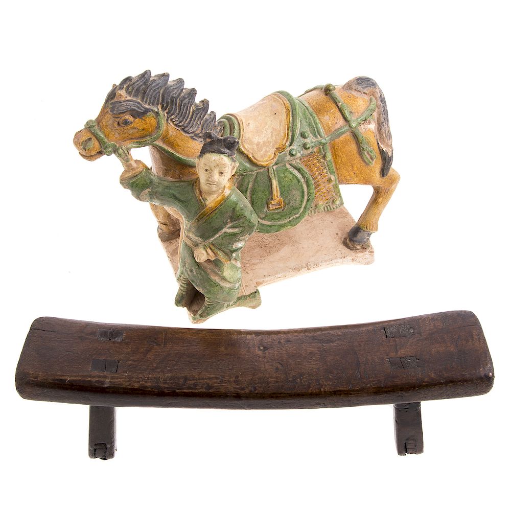 Appraisal: Chinese figural roof tile and wood neck rest Tang manner