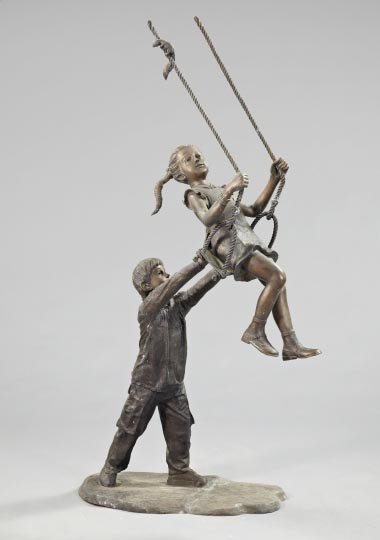 Appraisal: Contemporary Life-Size Cast-Bronze Garden Sculpture depicting a boy pushing a