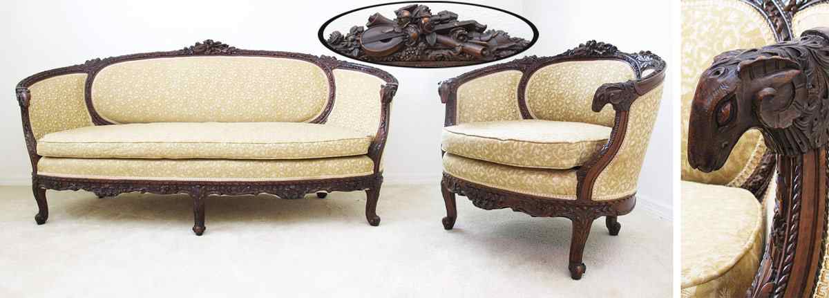 Appraisal: HIGH STYLE CARVED RAMS HEAD SOFA CHAIR Sofa with heavily