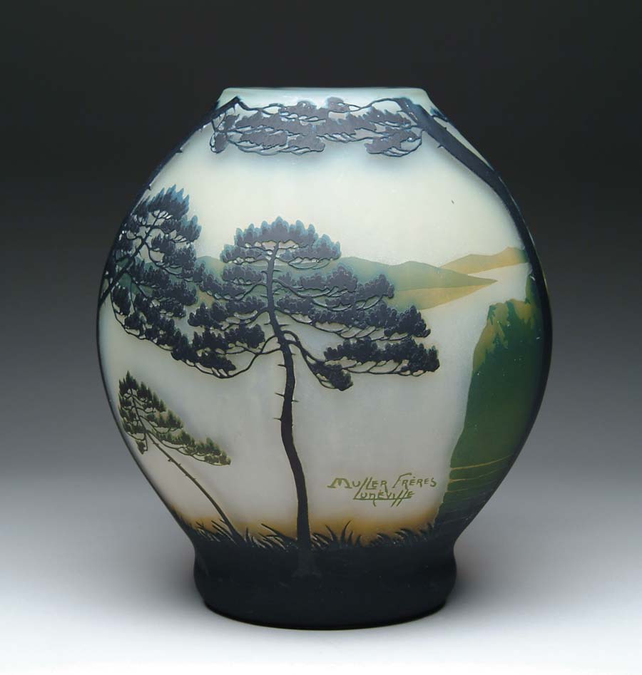 Appraisal: MONUMENTAL MULLER CAMEO VASE Wonderful monumental vase has cameo pine