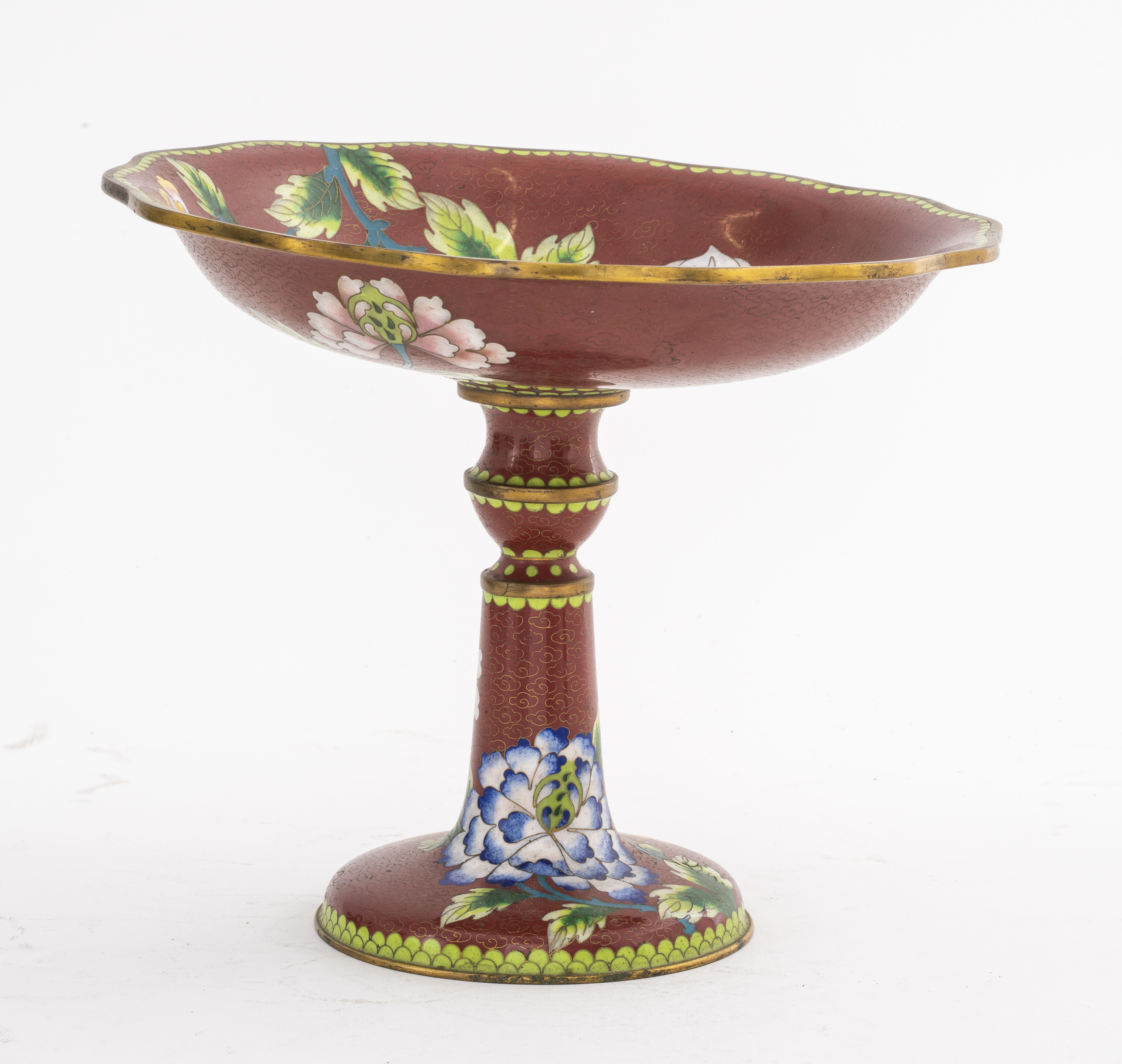 Appraisal: CHINESE CLOISONNE ENAMEL TAZZA Chinese cloisonne enamel taza with floral