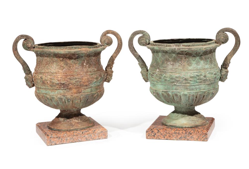 Appraisal: Pair of Antique Neoclassical-Style Verdigris Patinated Metal Urns scroll handles