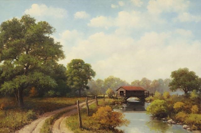 Appraisal: Framed oil on canvas painting Covered Bridge signed lower center