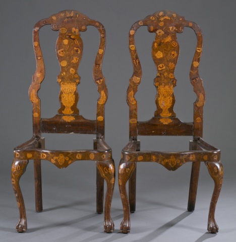 Appraisal: Two Dutch Queen Anne Style Chairs Floral marquetry inlay Rests