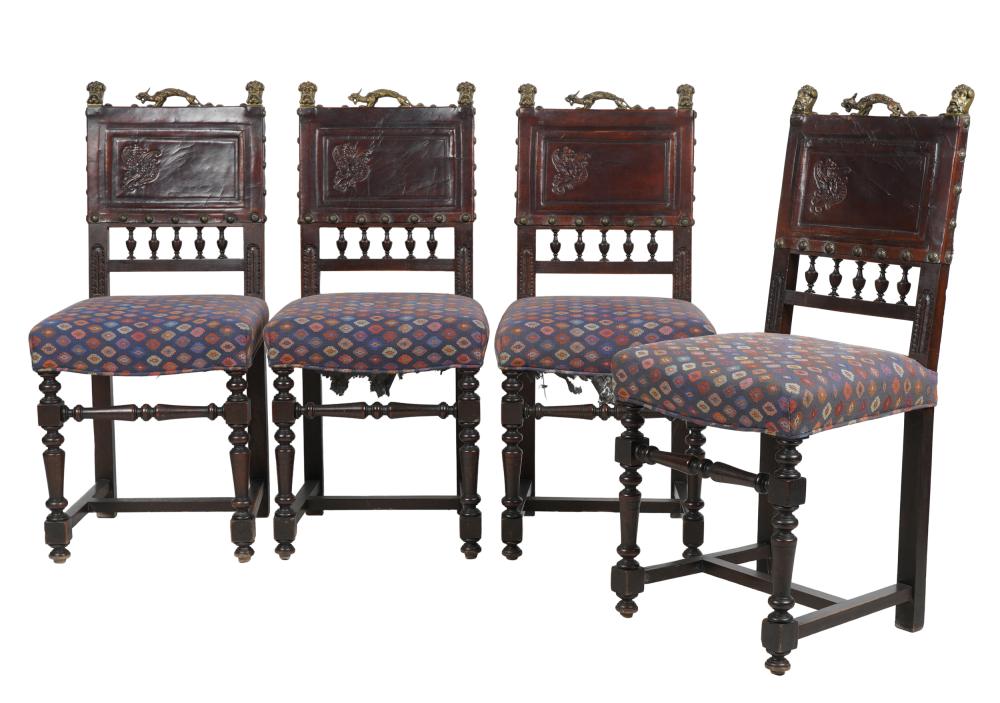 Appraisal: SET OF FOUR PORTUGESE CONTINENTAL CARVED CHAIRSwith tooled leather and