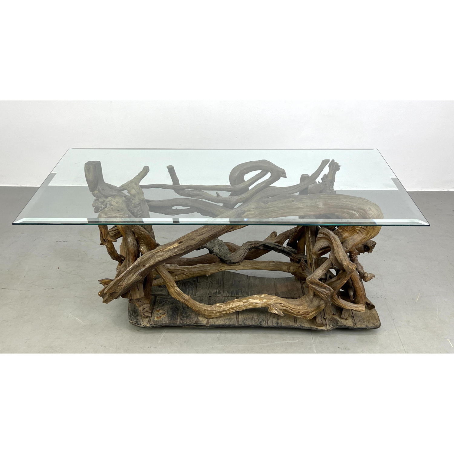 Appraisal: Organic Driftwood Glass Top Coffee Table Assembled driftwood on rustic