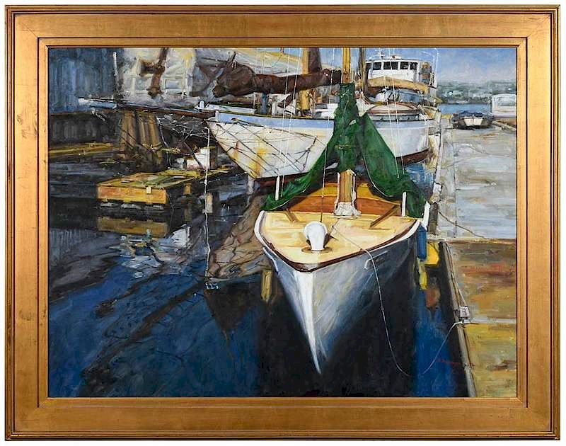 Appraisal: American School th century Boats in a Harbor signed lower