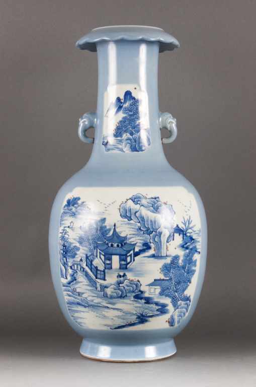 Appraisal: Chinese claire-de-lune porcelain vase with demon mask handles neck of