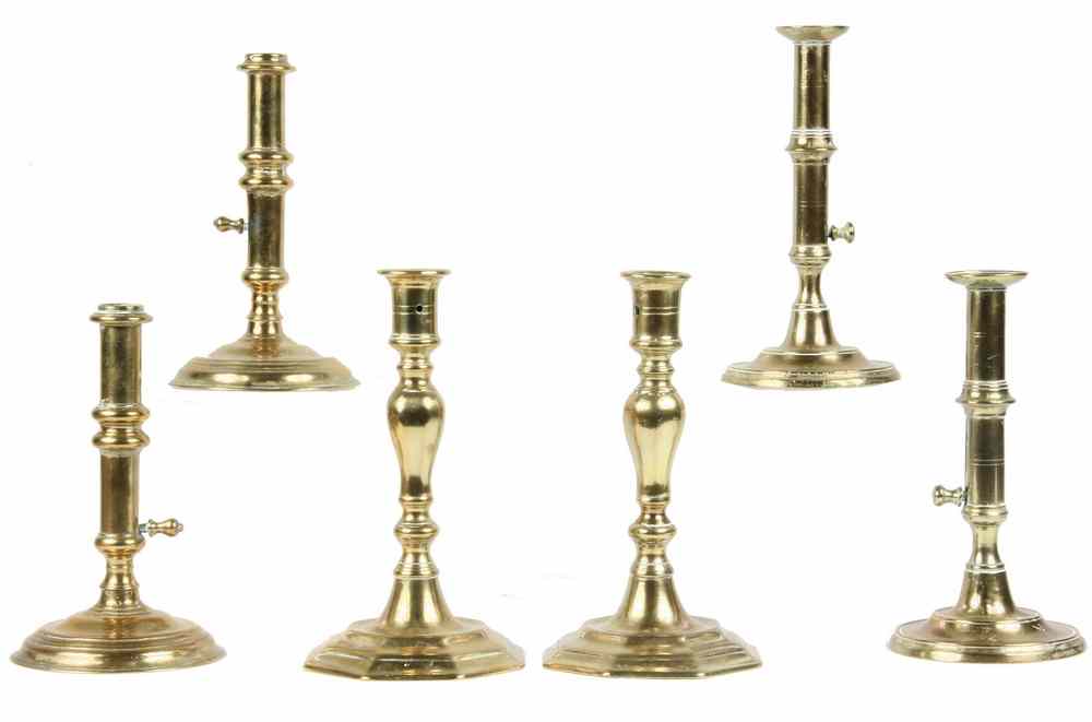 Appraisal: PAIR EARLY BRASS CANDLESTICKS - Colonial Era Turned and Cast