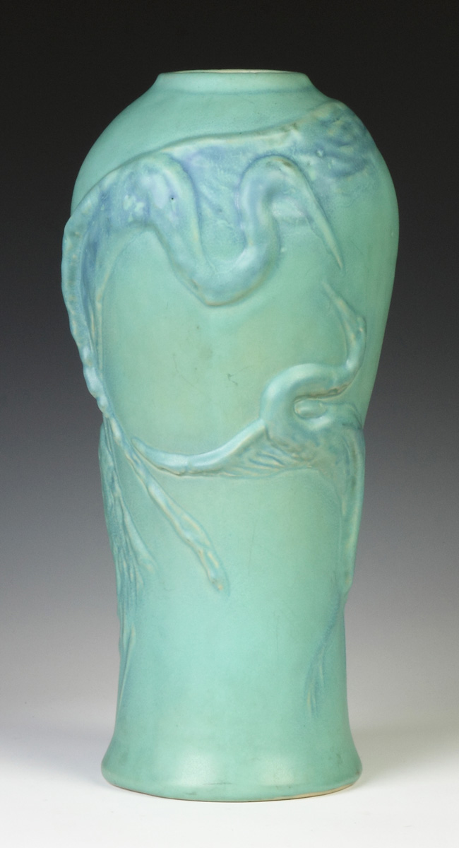 Appraisal: Monumental Van Briggle Vase w Molded Herons Initialed AS sgn