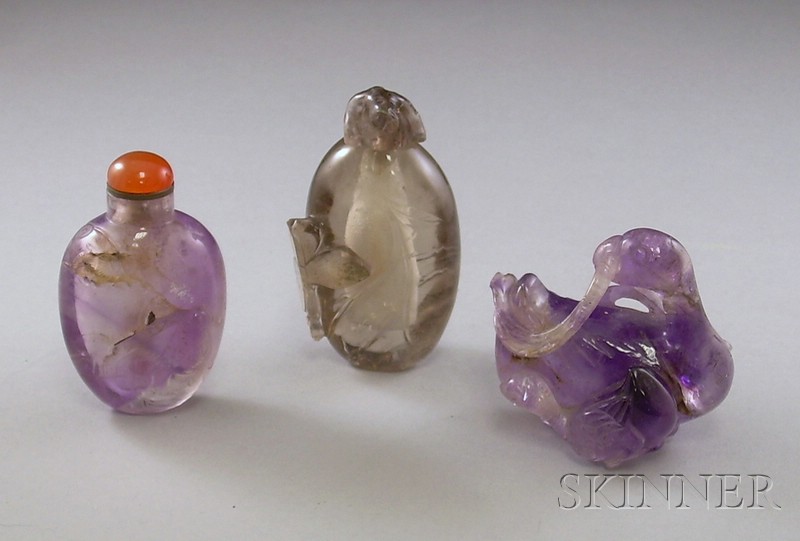 Appraisal: Three Asian Carved Stone Items an carved amethyst figure of