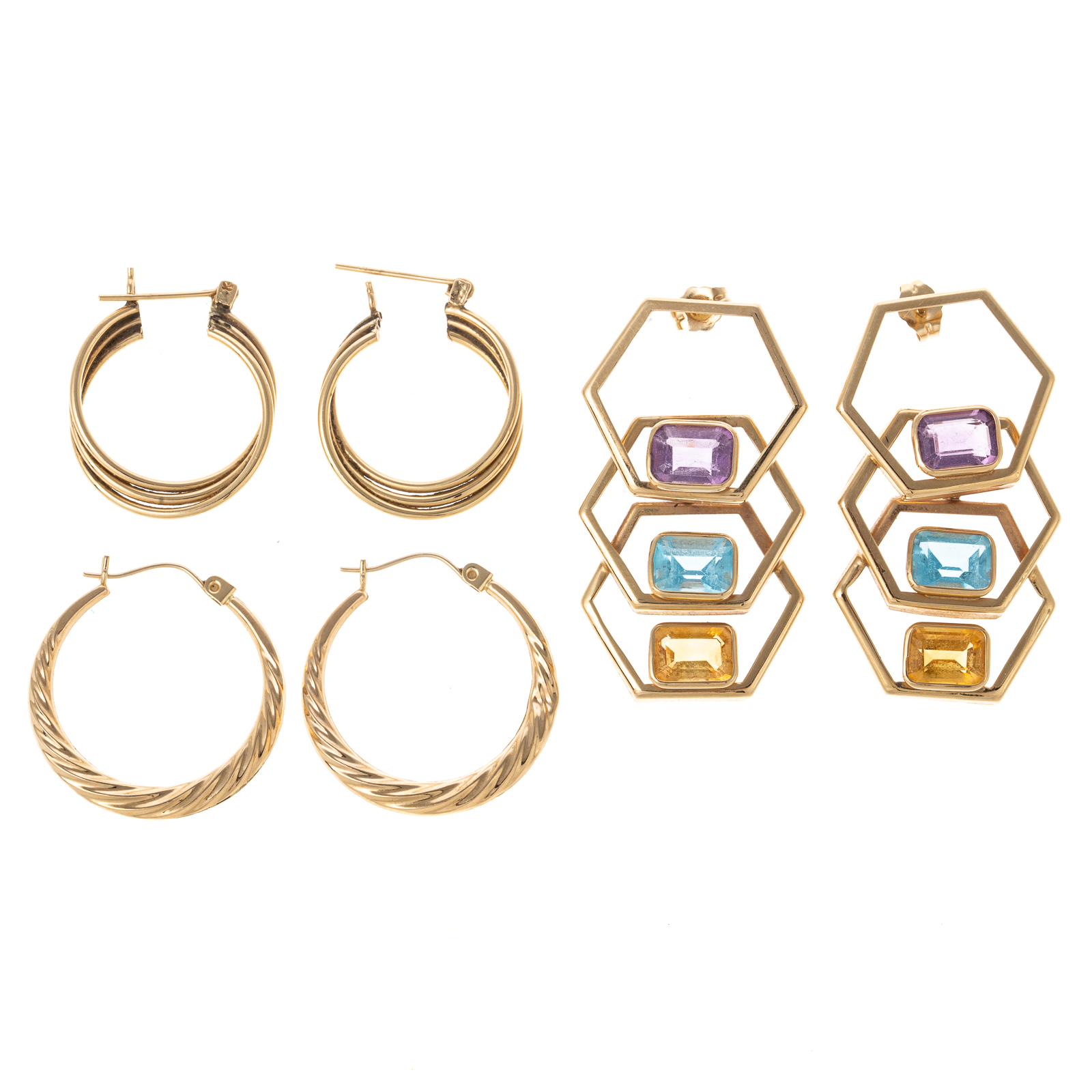 Appraisal: TWO PAIRS OF K HOOPS GEMSTONE DROPS K yellow gold