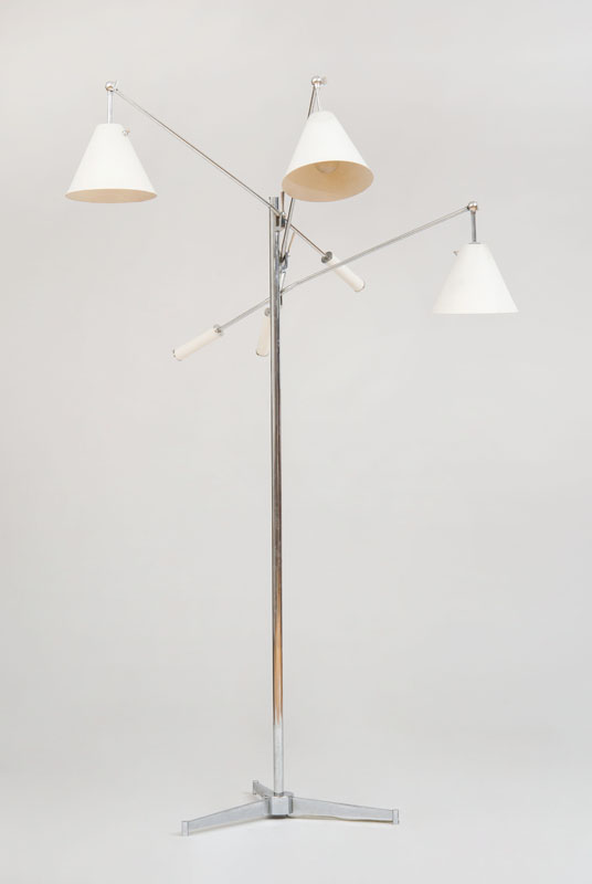 Appraisal: ANGELO LELI ARREDOLUCE ATTRIBUTION THREE-ARM LAMP Chromed metal enameled metal