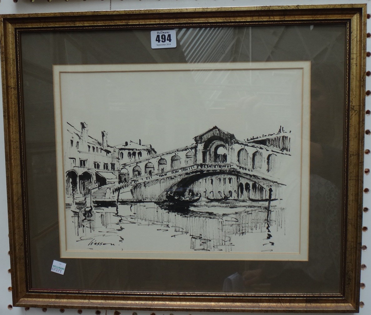 Appraisal: Edward Wesson - The Rialto Bridge Venice ink signed cm