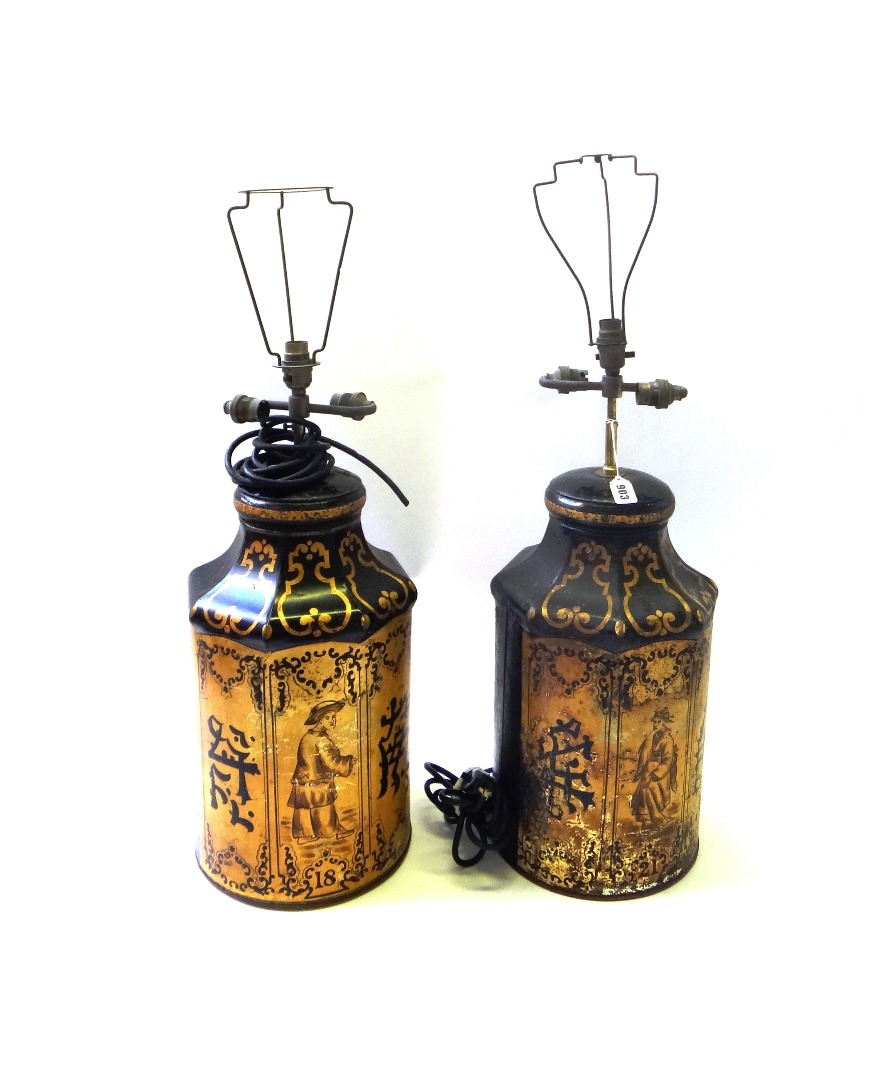 Appraisal: A pair of Regency style gilt tin painted table lamps