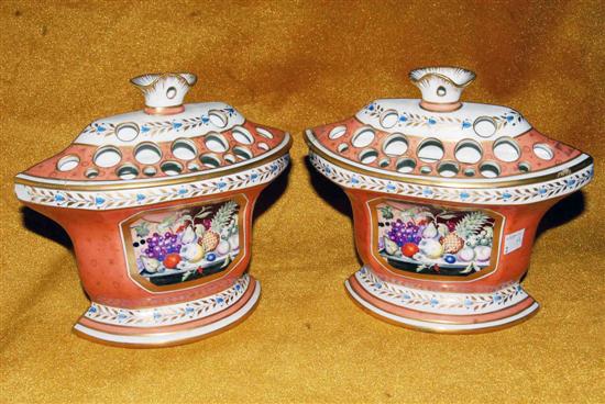 Appraisal: PAIR UNUSUAL POTPOURRI CACHE POTS th C continental polychromed and