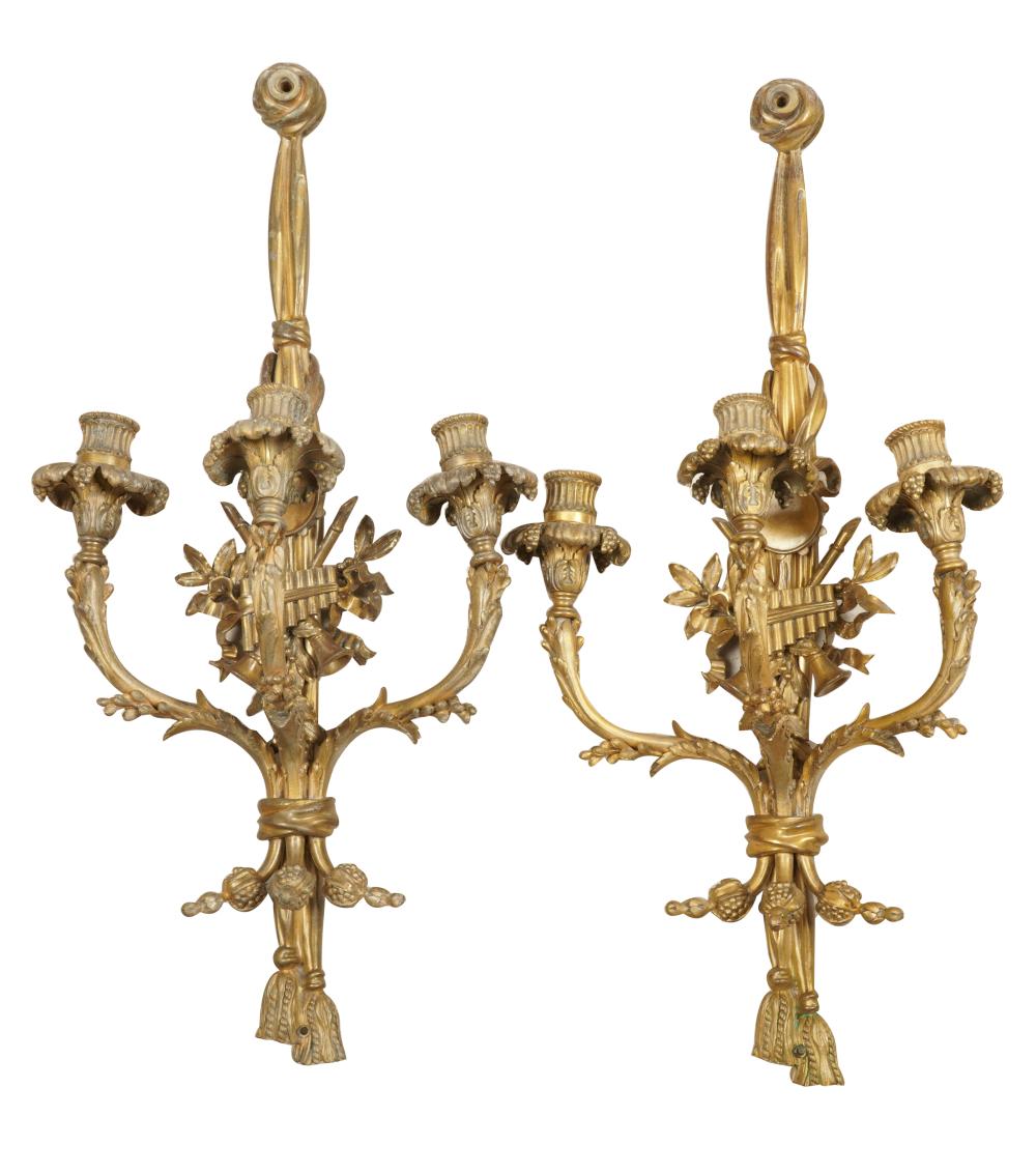 Appraisal: PAIR OF GILT BRONZE THREE-LIGHT WALL SCONCESLouis XVI style Condition