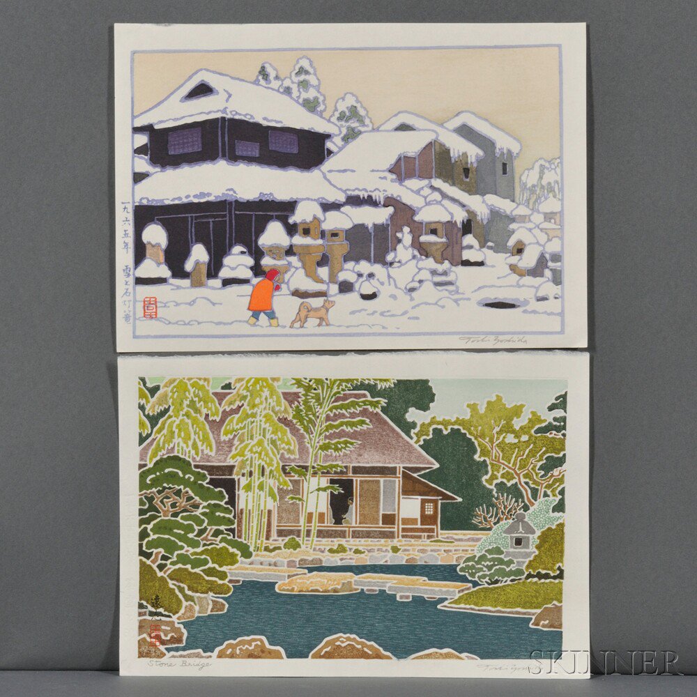 Appraisal: Toshi Yoshida - Two Color Woodblock Prints Japan Stone Bridge