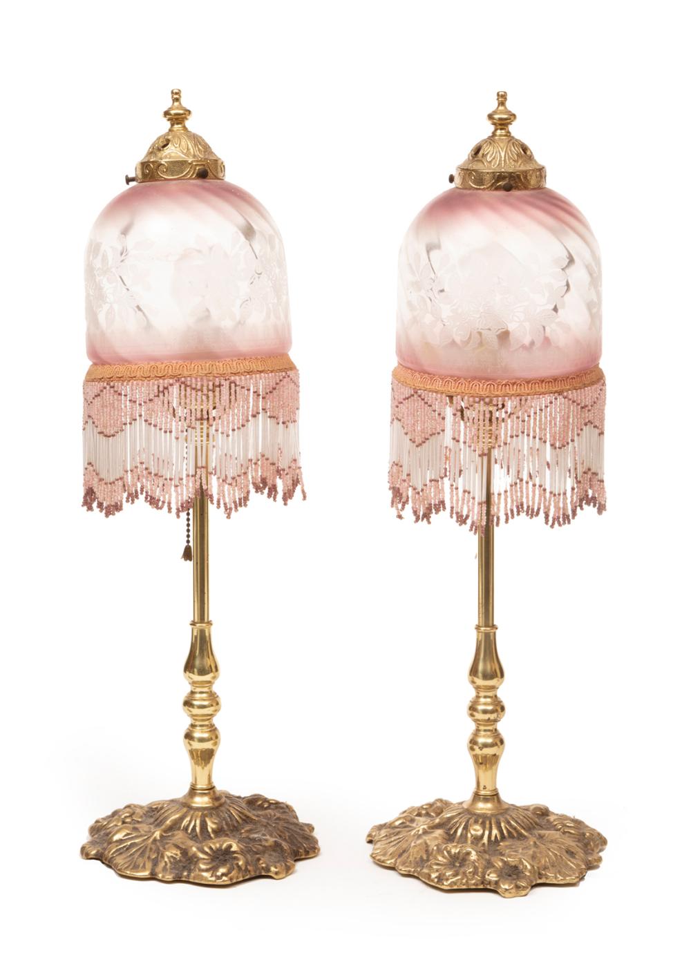 Appraisal: Pair of Brass and Rose Glass Boudoir Lamps brass base