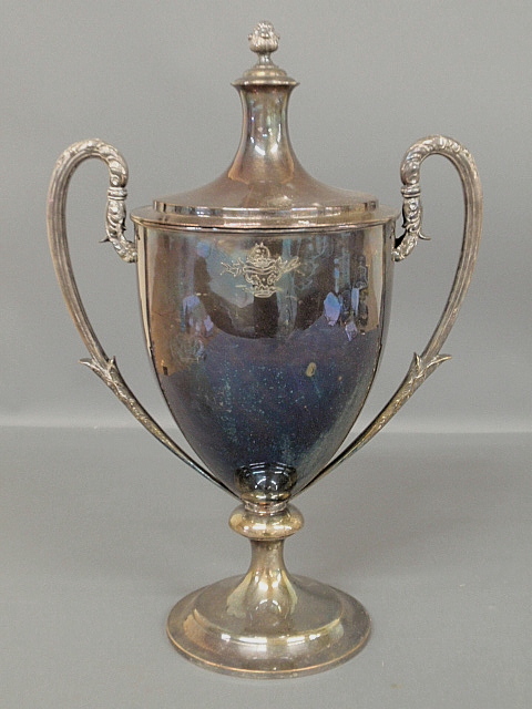 Appraisal: - Large Sheffield silverplate loving cup with cover and engraved