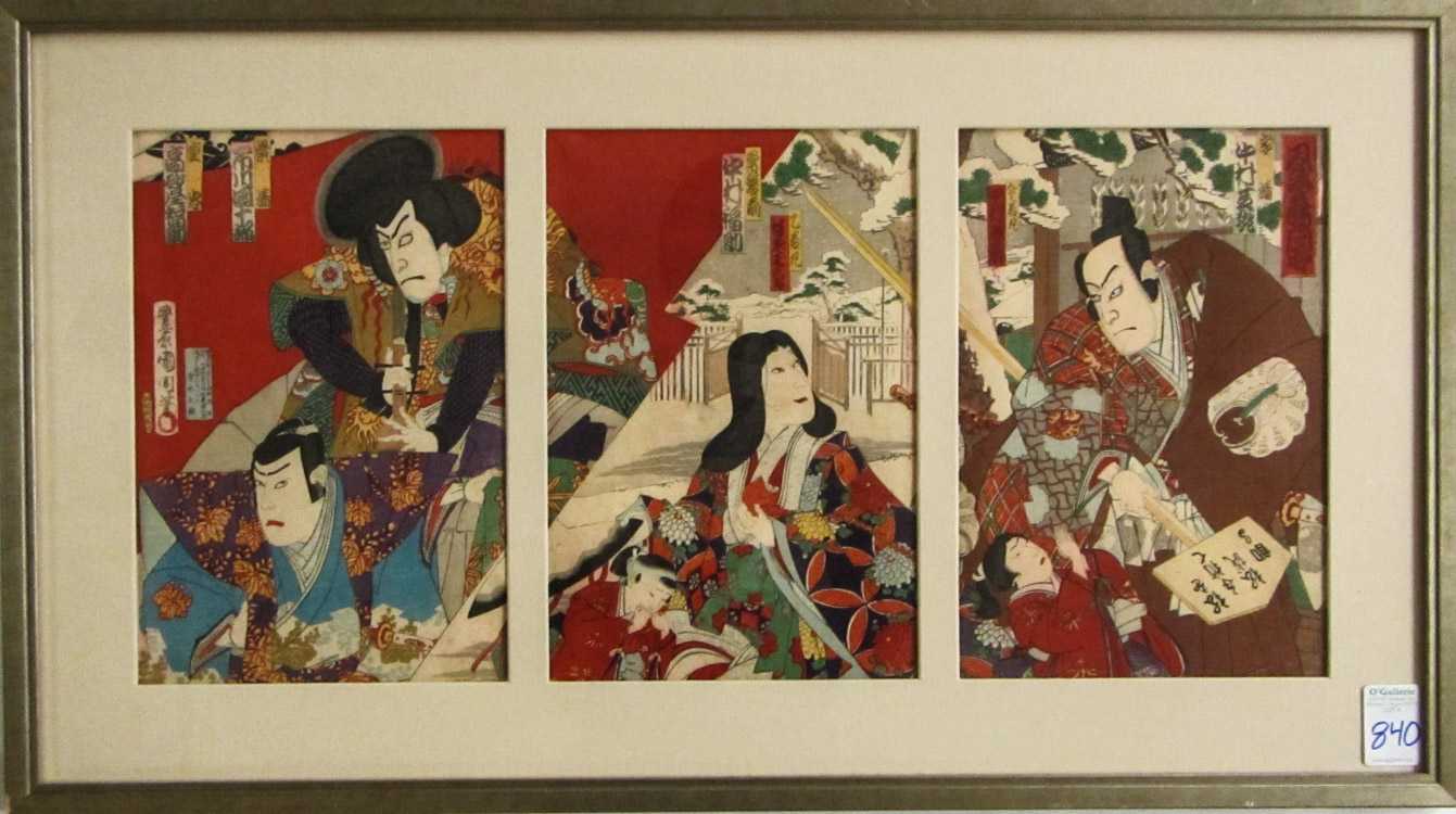 Appraisal: TOYOHARA KUNICHIKA TRIPTYCH WOODCUT Japan - Actors in various scenes