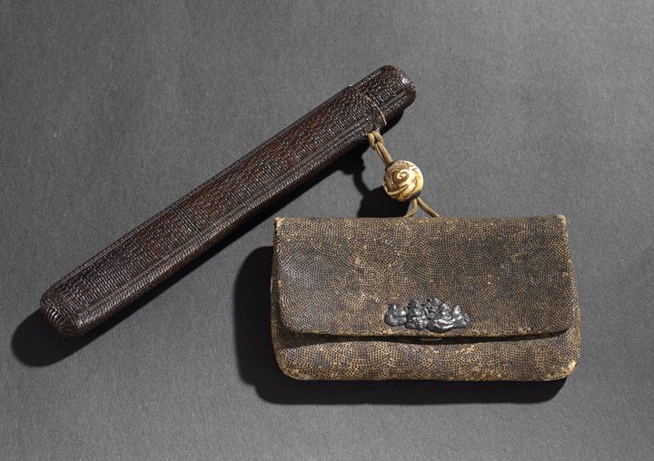 Appraisal: Japanese Sheathed Bamboo and Metal Pipe and Tobacco Pouch th