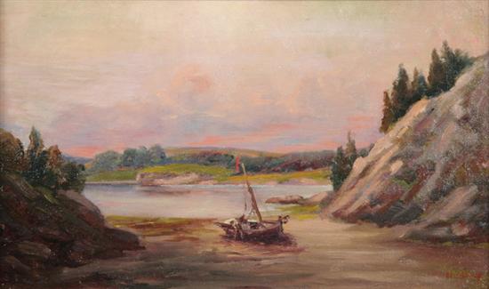 Appraisal: FINDLAY American th century BOAT ON SHORE AT SUNSET signed