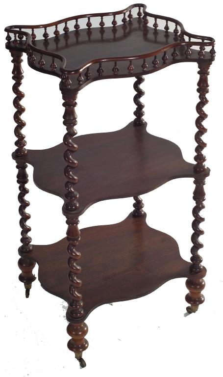 Appraisal: VICTORIAN ROSEWOOD WHAT-NOT the cartouche-shaped top shelf with vasiform spindle