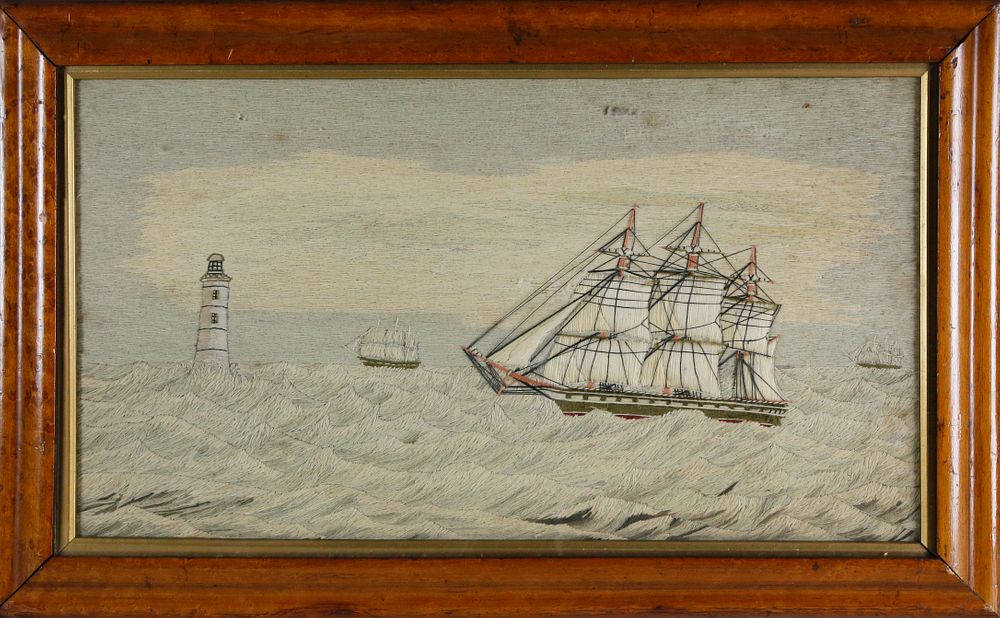 Appraisal: British Woolwork of Three Ships Approaching Lighthouse circa British Woolwork