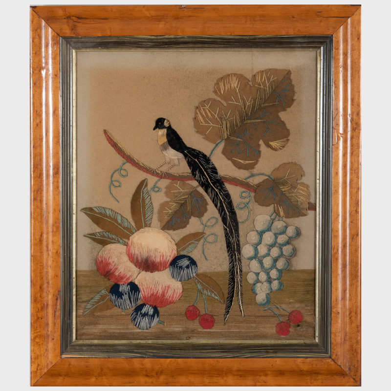 Appraisal: American Victorian Fabric Appliqued Bird Amidst Fruit Panel Framed x