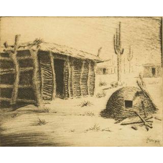 Appraisal: H E Wenck Etching Framed etching Papago Dwelling H E