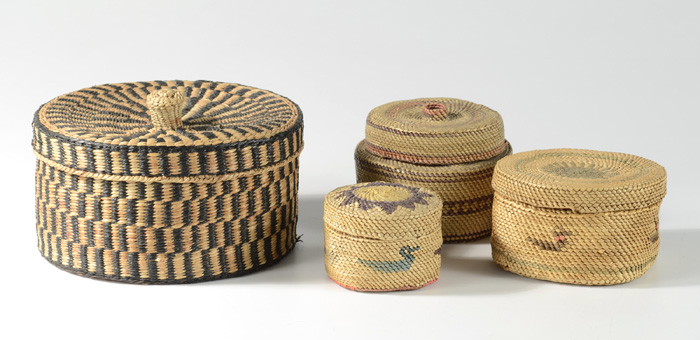 Appraisal: THREE MAKAH COVERED INDIAN BASKETS plus a northwest coast covered