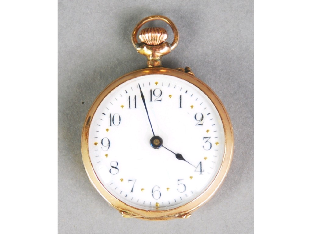 Appraisal: k GOLD AND ENAMELLED FOB WATCH with keyless movement white