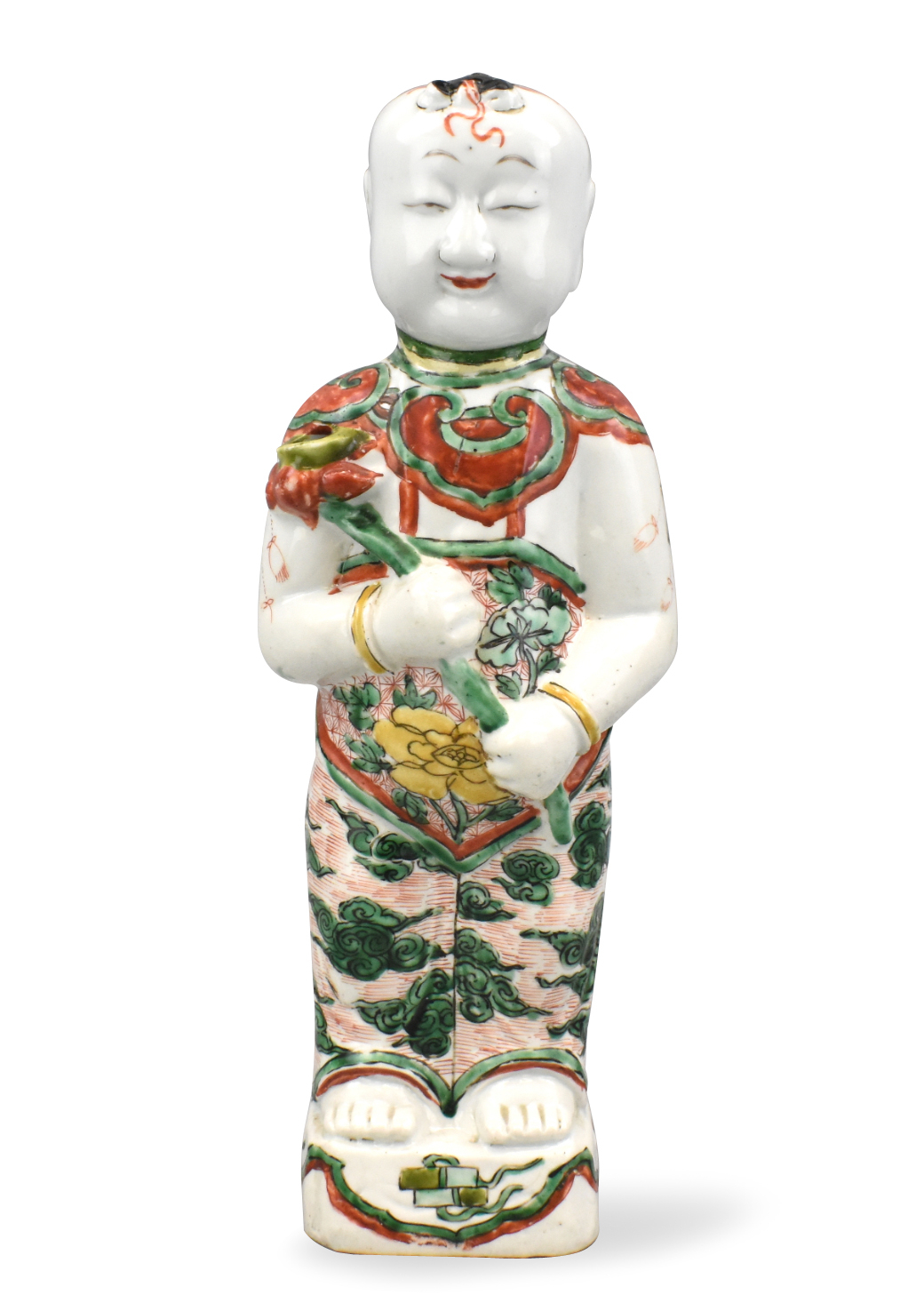 Appraisal: A Chinese famille verte sculpture of a boy holding a