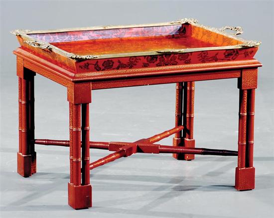 Appraisal: Red lacquer and ormolu-mounted tray on stand rectangular form decorated