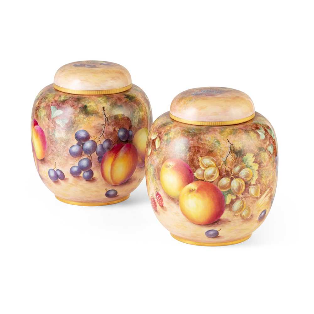 Appraisal: PAIR OF FRUIT PAINTED ROYAL WORCESTER GINGER JARS WITH COVERS