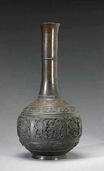 Appraisal: A patinated bronze stick neck vase Meiji Taisho Period The