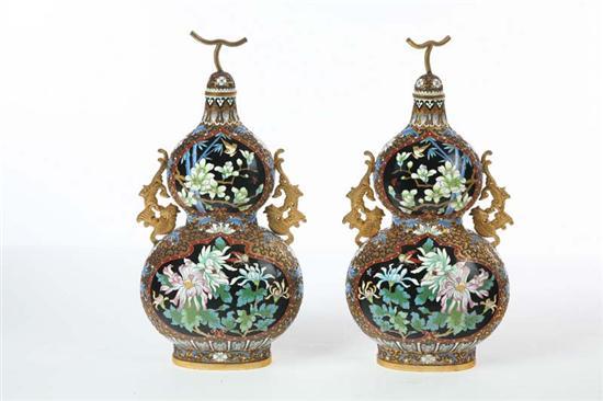 Appraisal: TWO CLOISONNE STYLE VASES Double gourd form with foliate and