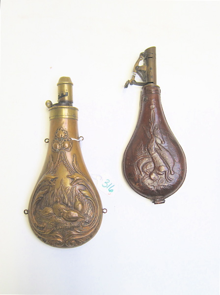 Appraisal: TWO SHOOTING FLASKS un marked single sided brass flask having