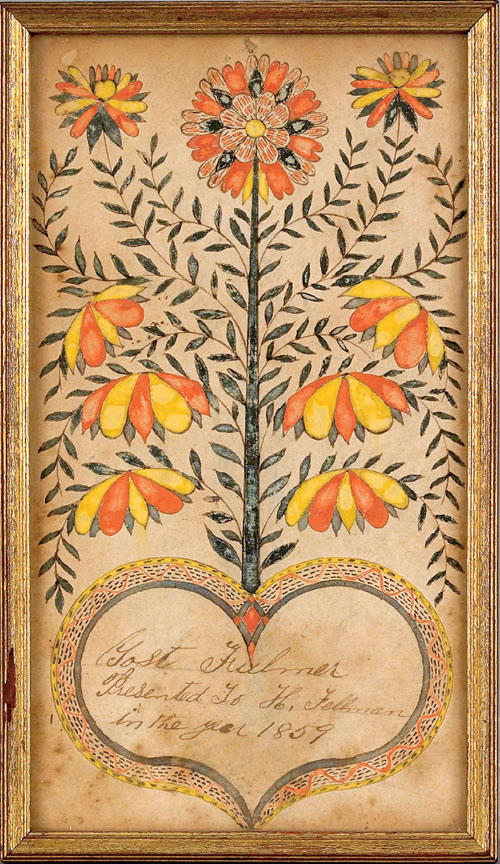 Appraisal: Southeastern Pennsylvania ink and watercolor fraktur bookplate dated inscribed Yost