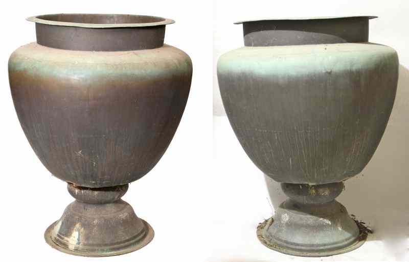 Appraisal: Pair of Large Copper Garden Urns th century pedestal base