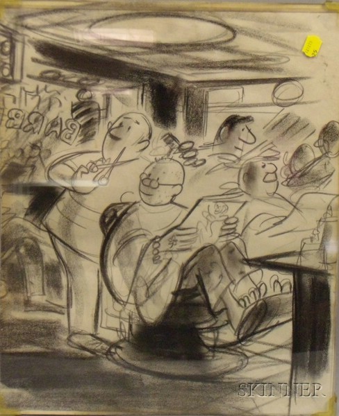 Appraisal: Unframed Charcoal on Paper Barber Shop Illustration possibly published in