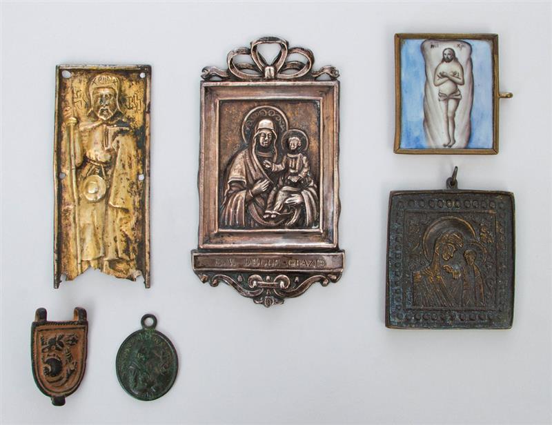 Appraisal: MISCELLANEOUS GROUP OF METAL PLAQUES AND PENDANTS Largest x in