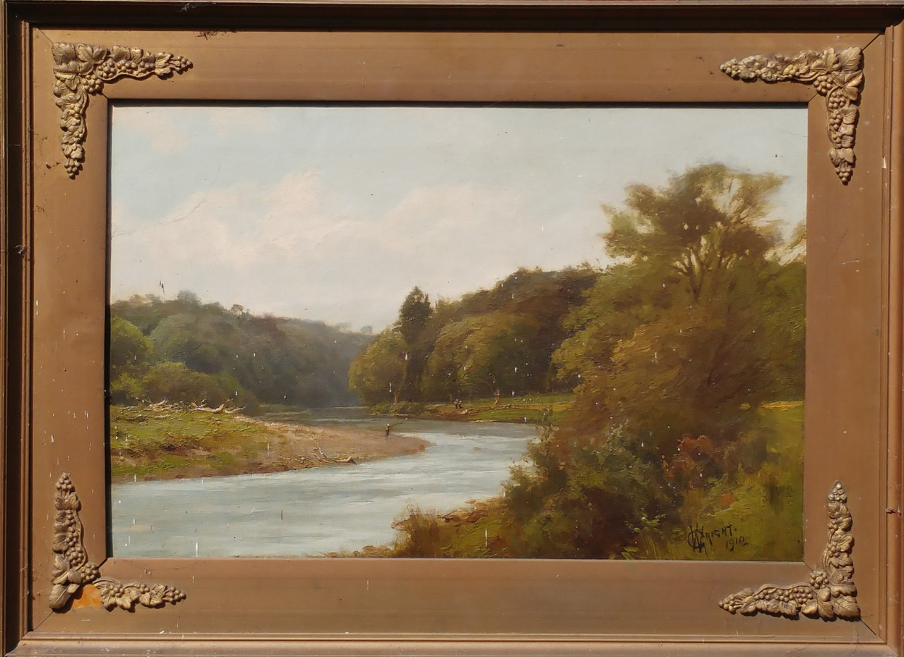 Appraisal: George Wright th thC Angler in river landscape oil on